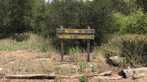 "Welcome to Nature's Habitat" sign in a garden of native plants