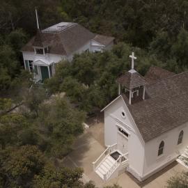 Overhead view of historic school and church