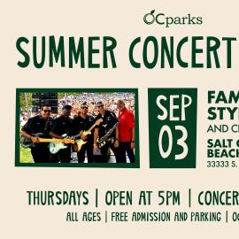 2026 Summer Concert Series Family Style event on September 3 at Bluff Park at Salt Creek Beach.