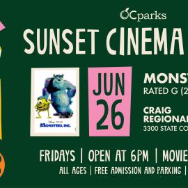 2026 Sunset Cinema Series Monsters, Inc. event on June 26 at Ted Craig Regional Park