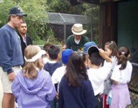Children gather around a zoo volunteer to pet an animal at the zoo